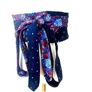Unique Blue Satin Obi Belt Wide One Size Upcycle Necktie Floral One of a Kind